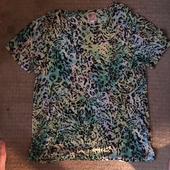 JM Collection Green Leopard Print blouse/T-shirt stretchy Petite Large - Picture 2 of 4